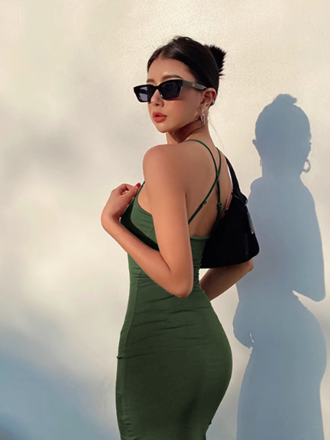 Green Spaghetti Strap Slit Dress