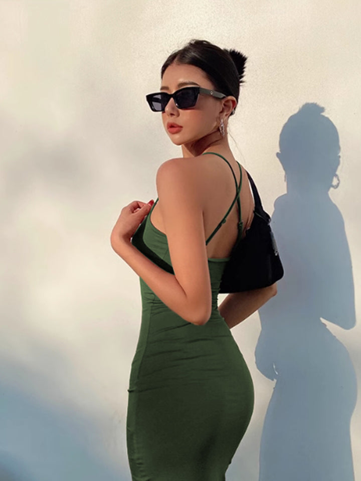 Green Spaghetti Strap Slit Dress