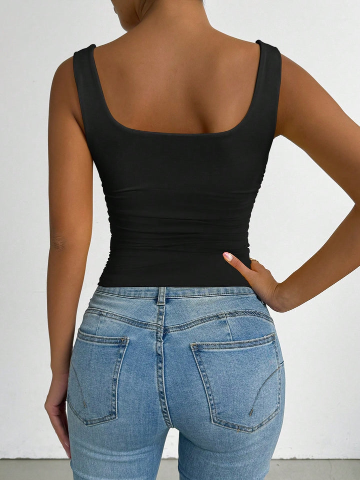 Black Wide Shoulder Strap Round Neck Top