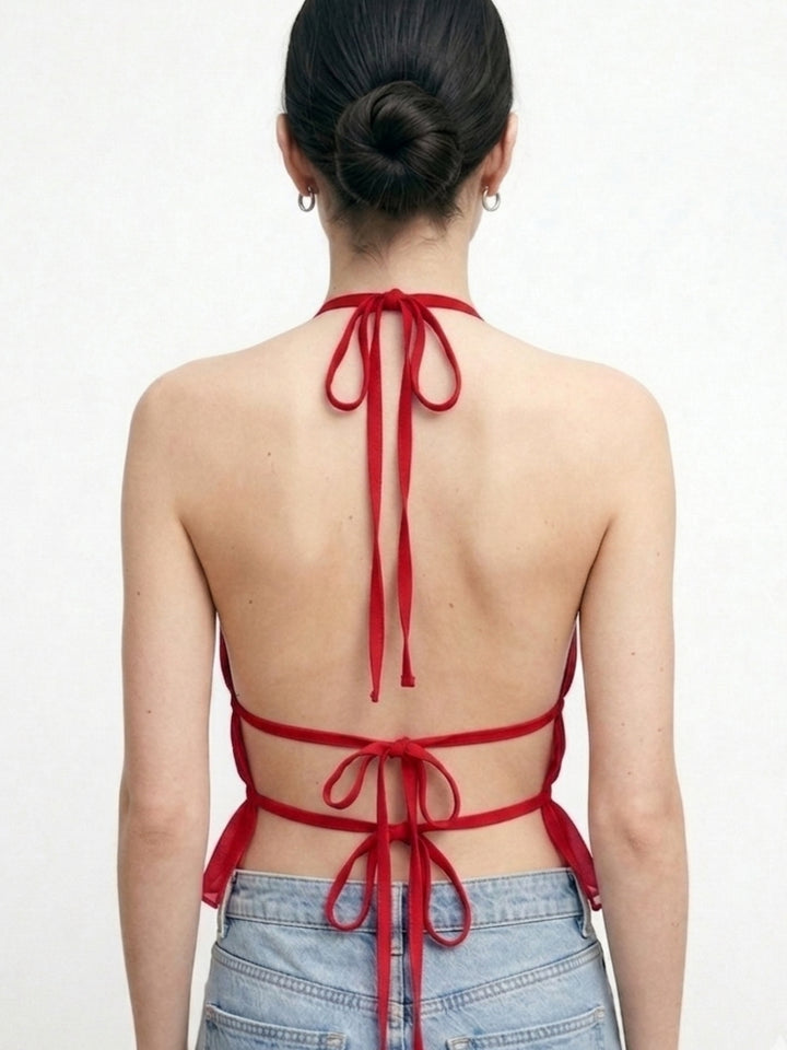 Red Halter Neck Back Tie-Up Top