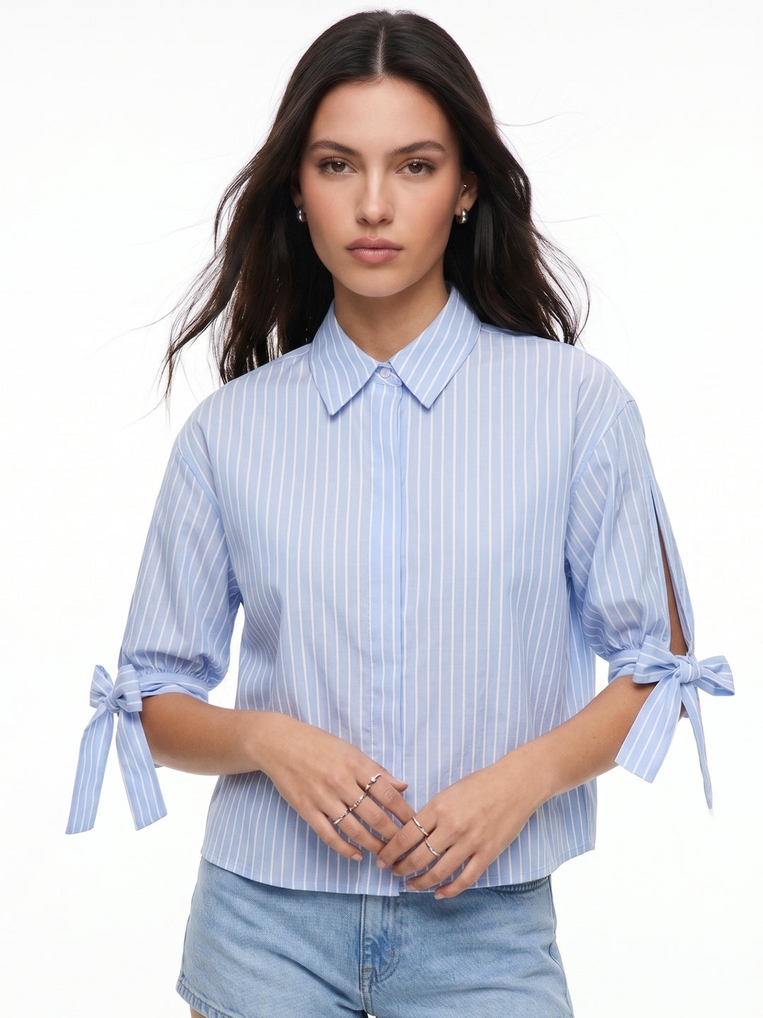 Blue Sleeve Tie-Up Front Buttoned Shirt