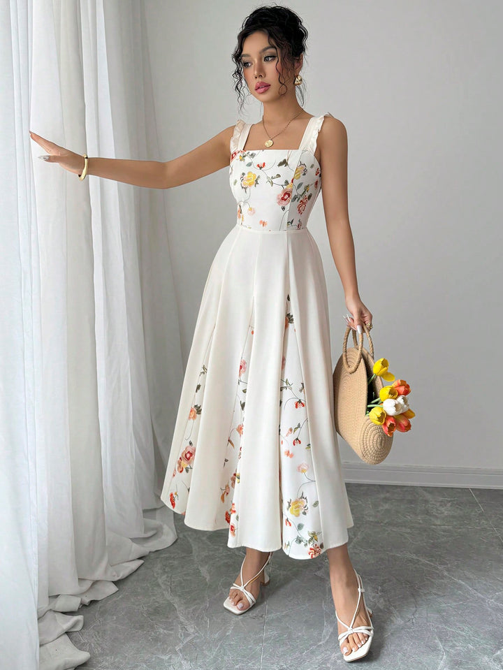 Cream Sleeveless Floral Printed Dress