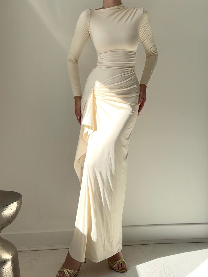 Cream High Neck Side Ruched Dress