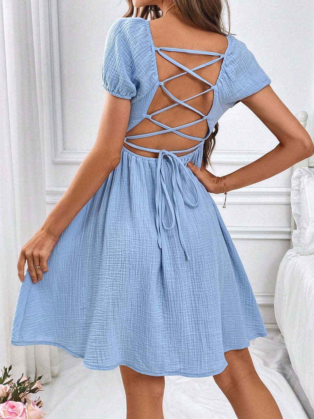 Blue Puff Sleeved Skater Dress