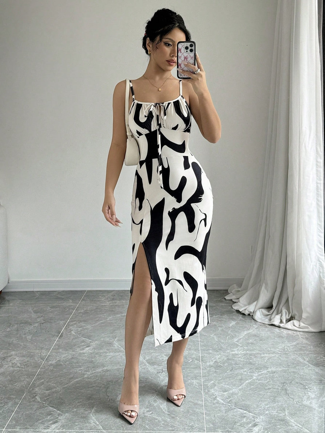 White Abstract Print Waist Fitted Dress