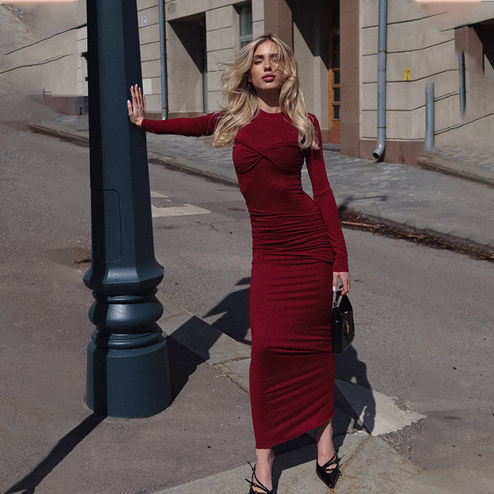 Wine High Neck Full Sleeve Dress