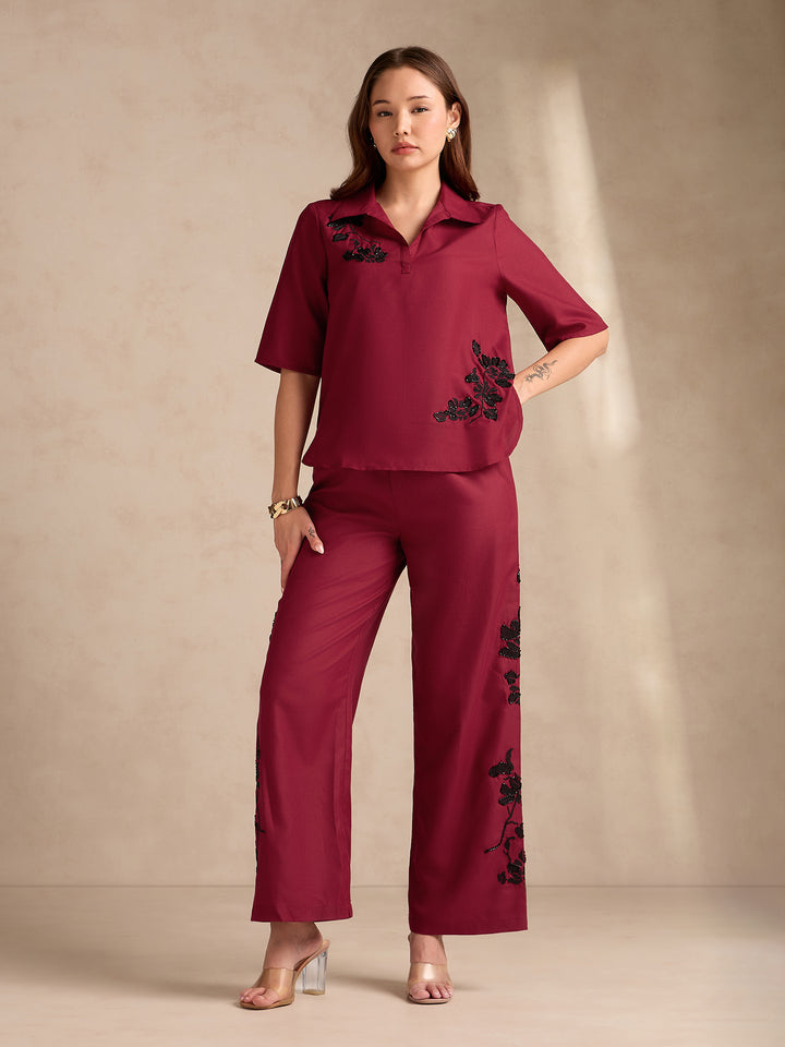 Red Coord Set With Relaxed Fit Embroidered Top & Wide Leg Trouser