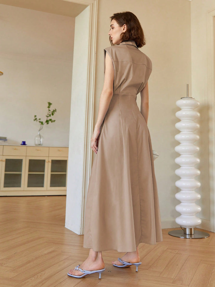 Brown Front Button Shirt Style Sleeveless Dress