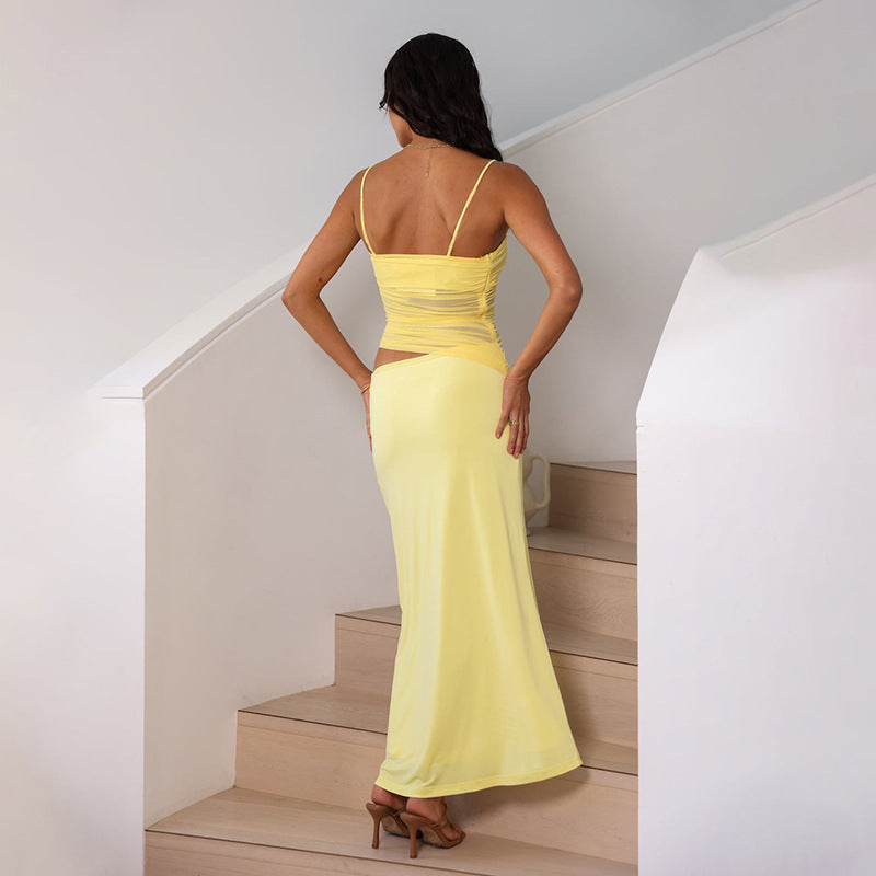 Yellow Strappy Cut Out Mesh Dress
