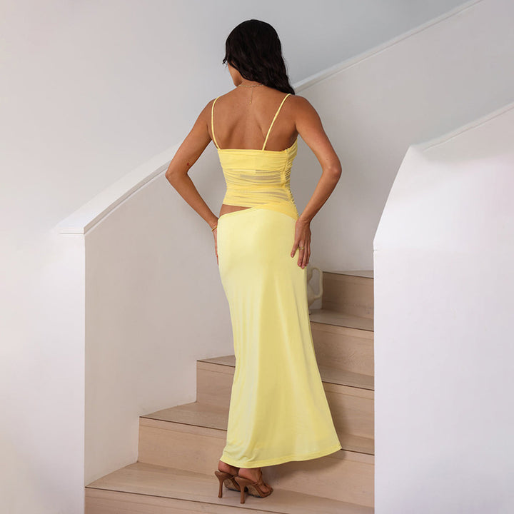 Yellow Strappy Cut Out Mesh Dress