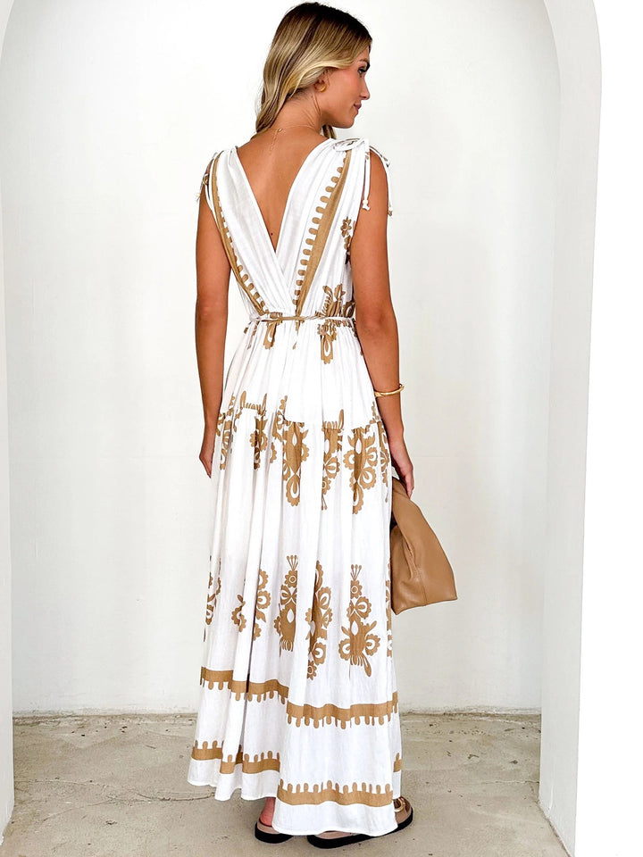 Biege Sleeveless Printed Dress