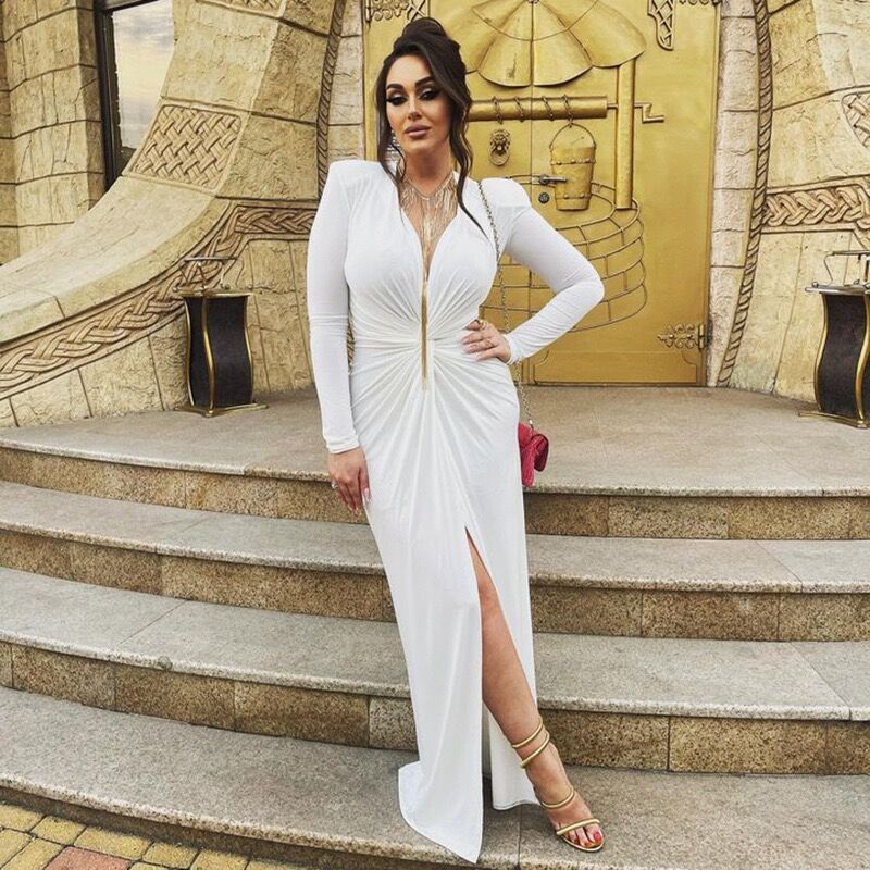 White Full Sleeve V-Neck Waist Detail Slit Dress
