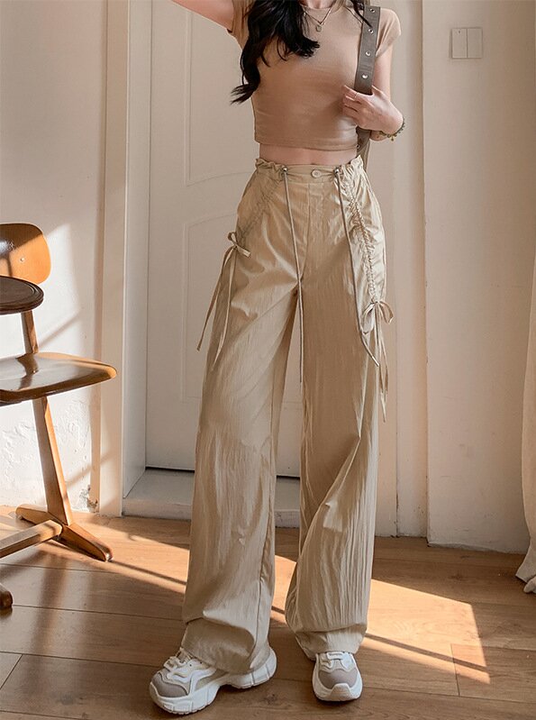 Beige Wide Leg Drawstring Parachute Pants