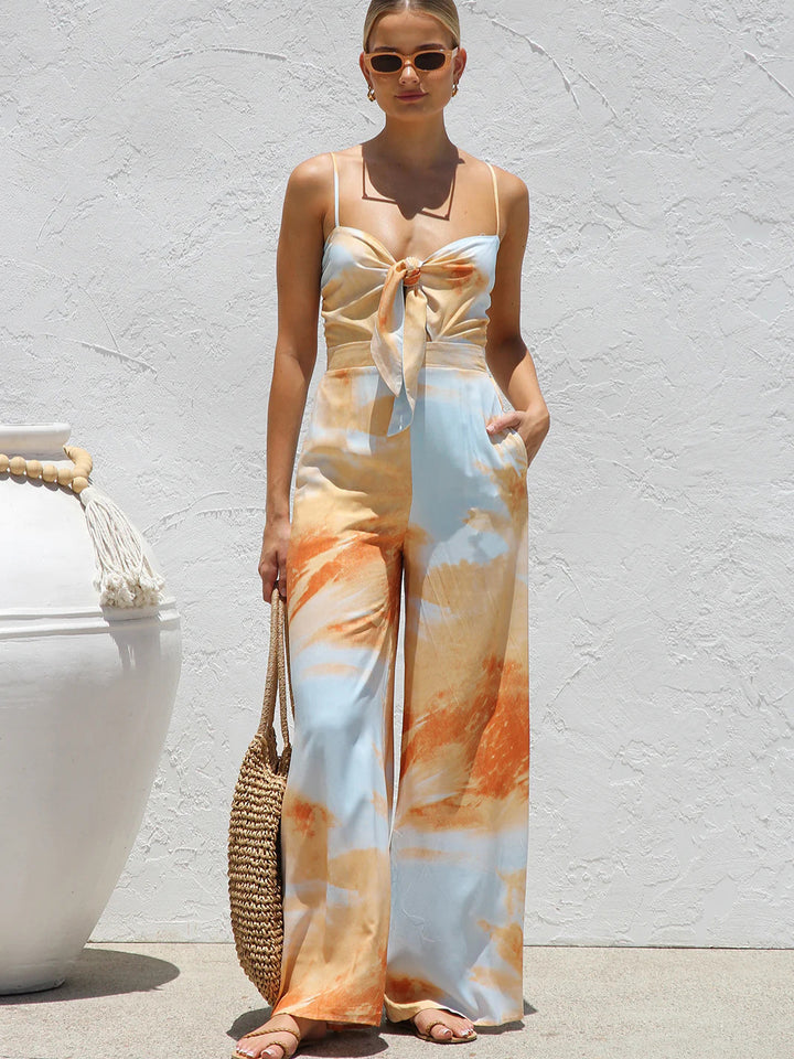 Orange Abstract Printed Spaghetti Strap Front Knot Dress