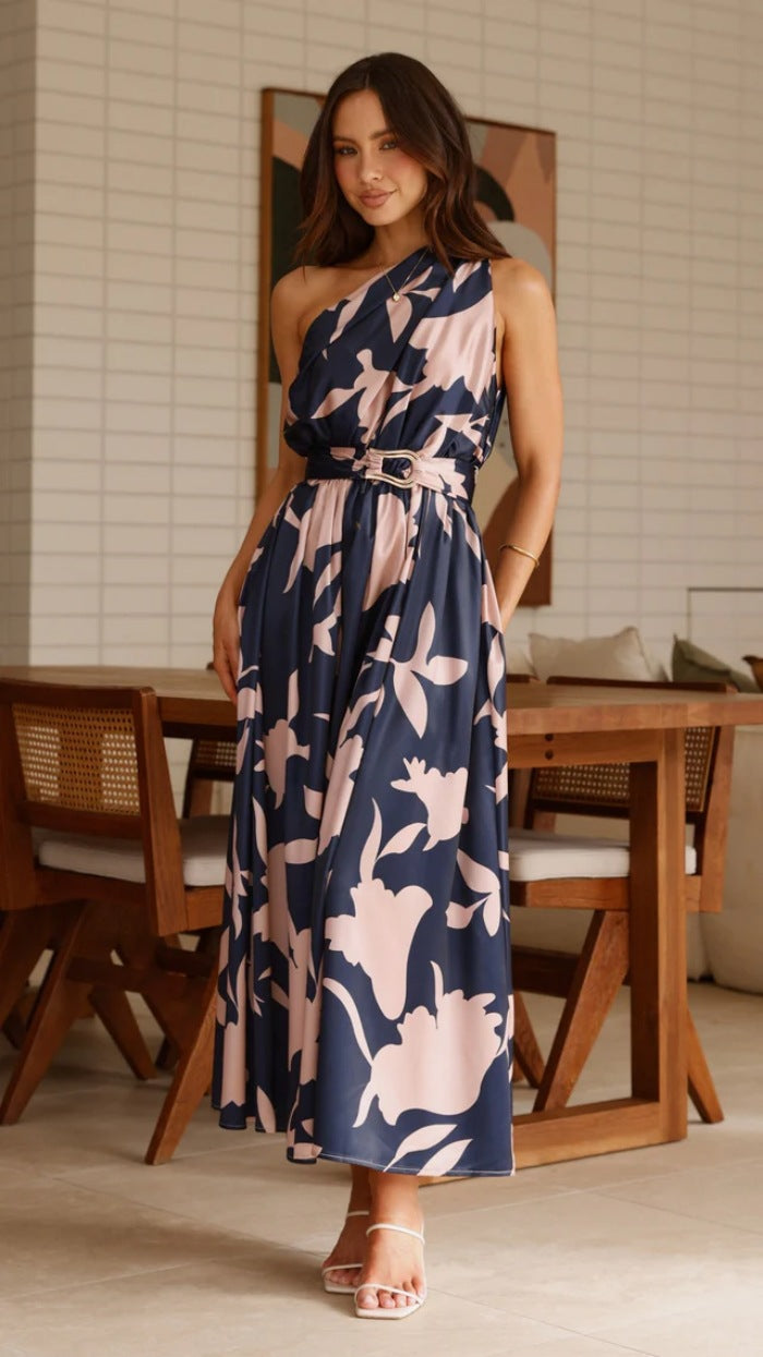Navy Blue Abstract Printed One Shoulder Dress