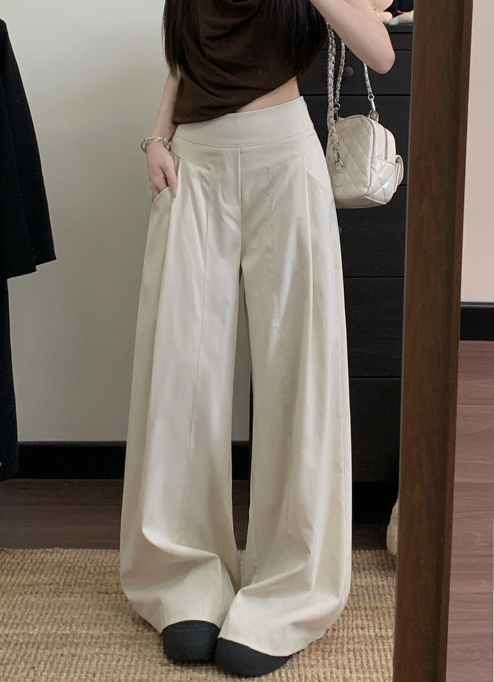 Off White High Waist Pleated Baggy Pant