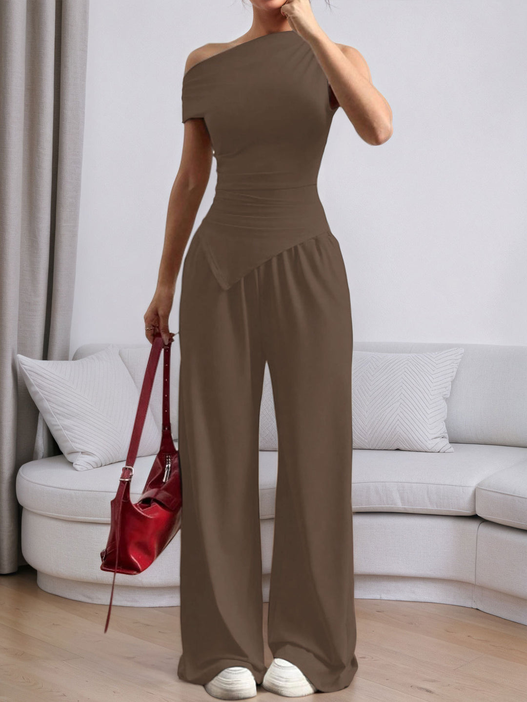 Brown One Shoulder Sleeve Asymmetrical Top And Pant Set