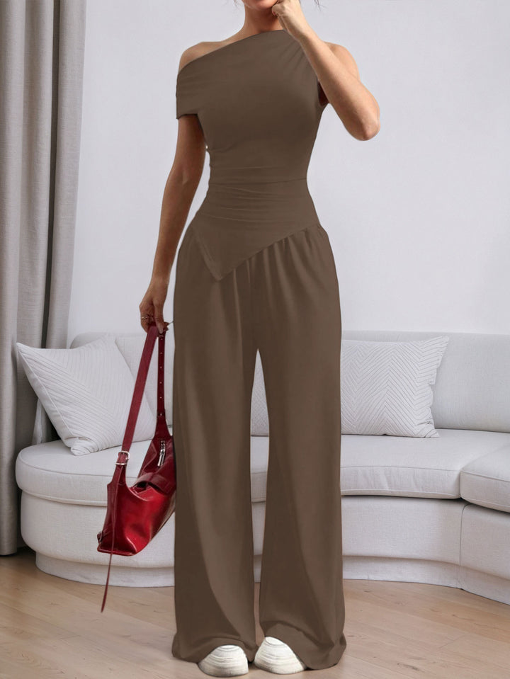 Brown One Shoulder Sleeve Asymmetrical Top And Pant Set