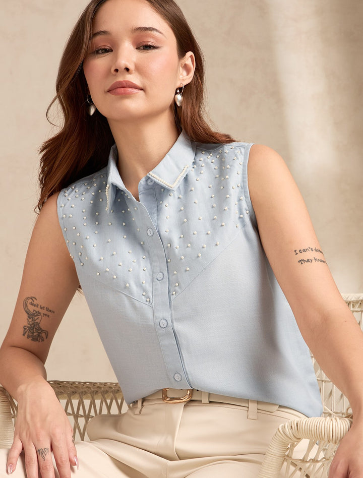 Blue Embellished Sleeveless Shirt