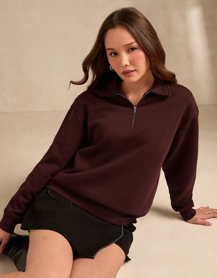 Brown Solid Oversized Zipper Sweatshirt