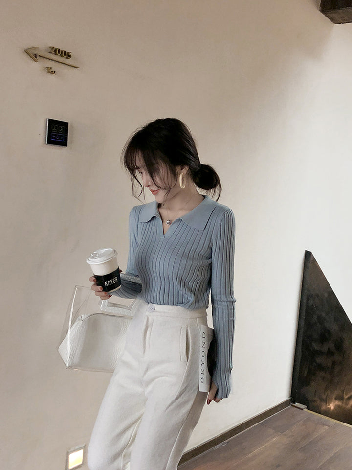 Grey Full Sleeve Collared Fitted Top