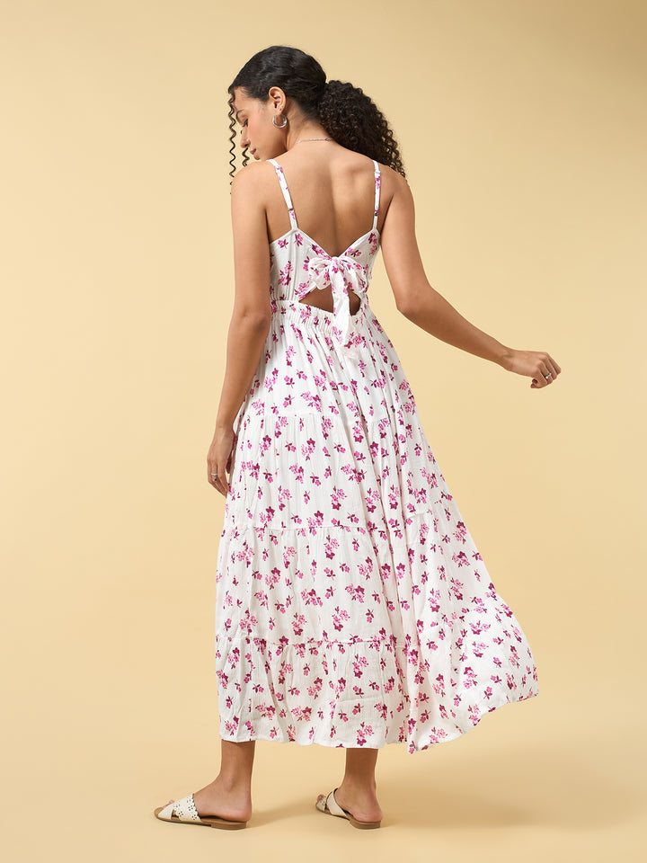 Pink A-Line Tiered Dress With Tie Up Detail At The Back