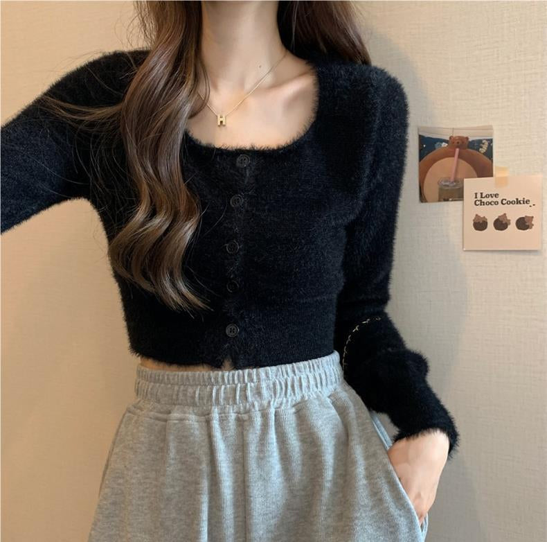 Black Square Neck Fuzzy Top