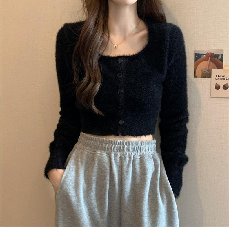 Black Square Neck Fuzzy Top