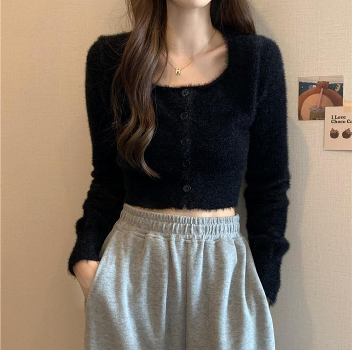 Black Square Neck Fuzzy Top