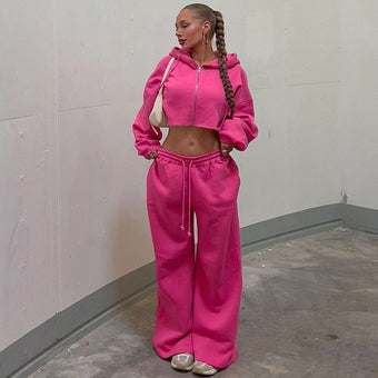 Magenta Crop Hoodie With Relaxed Fit Jogger Co-Ord Set