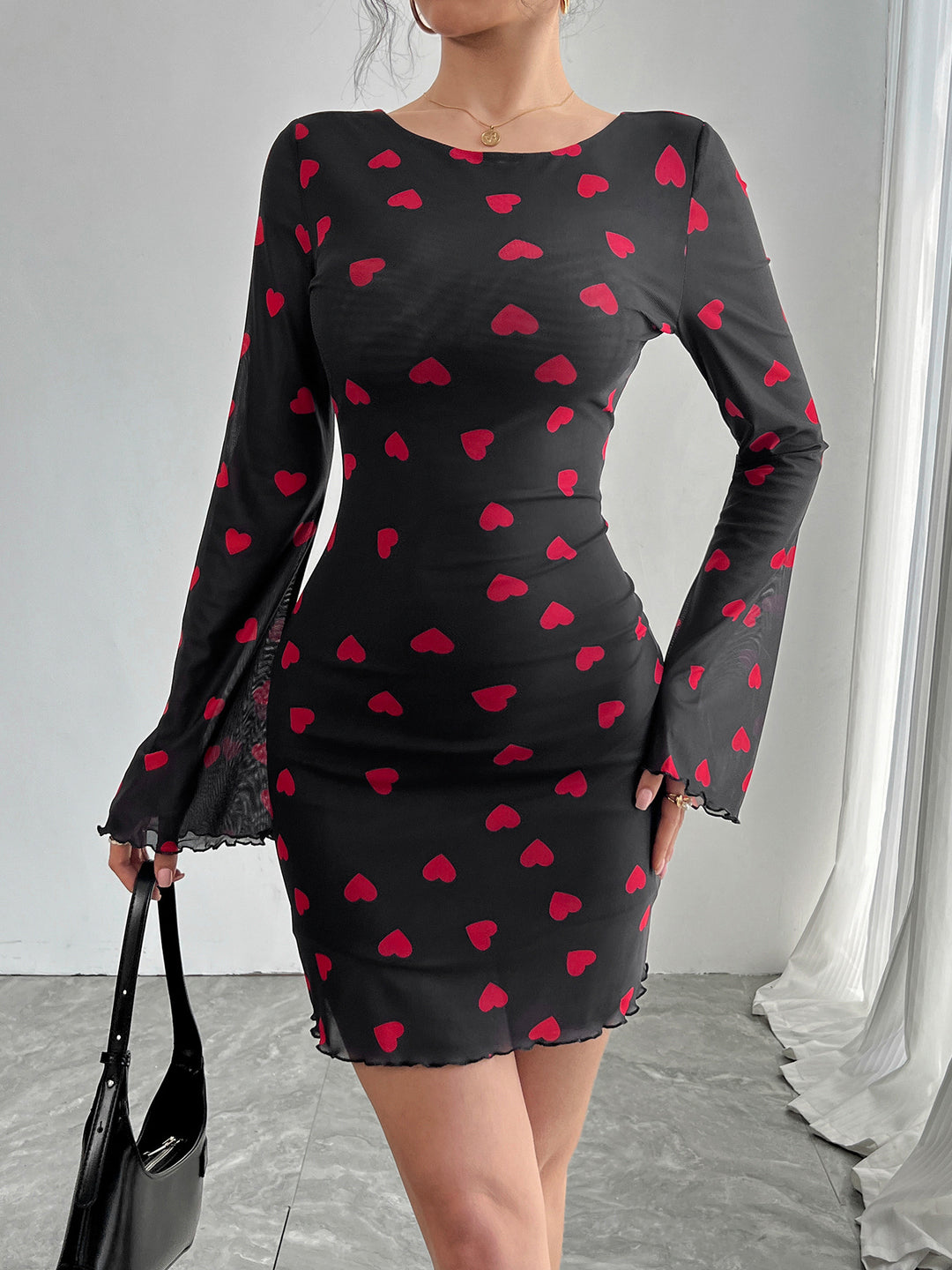 Black Bell Sleeve Printed Dress