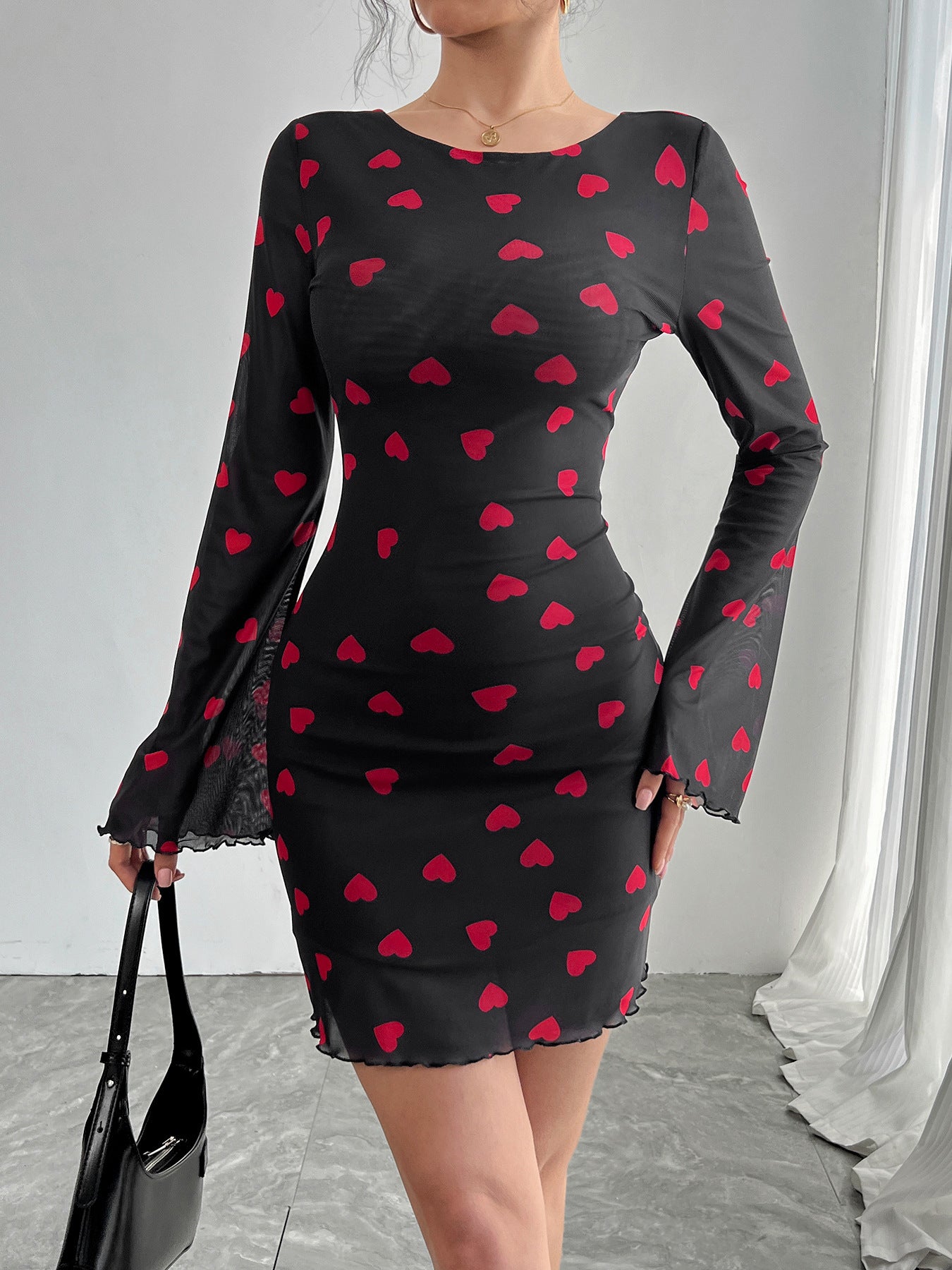 Black Bell Sleeve Printed Dress