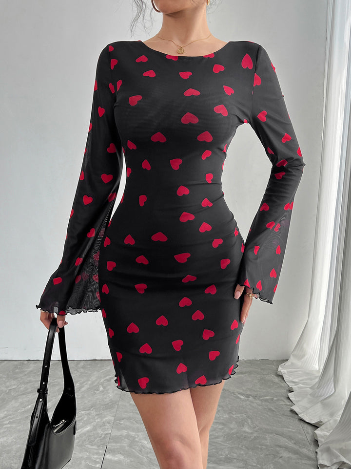 Black Bell Sleeve Printed Dress