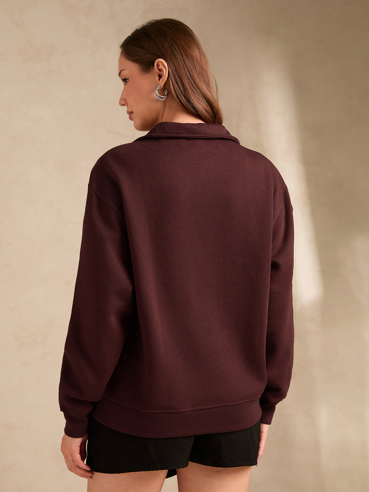 Brown Solid Oversized Zipper Sweatshirt