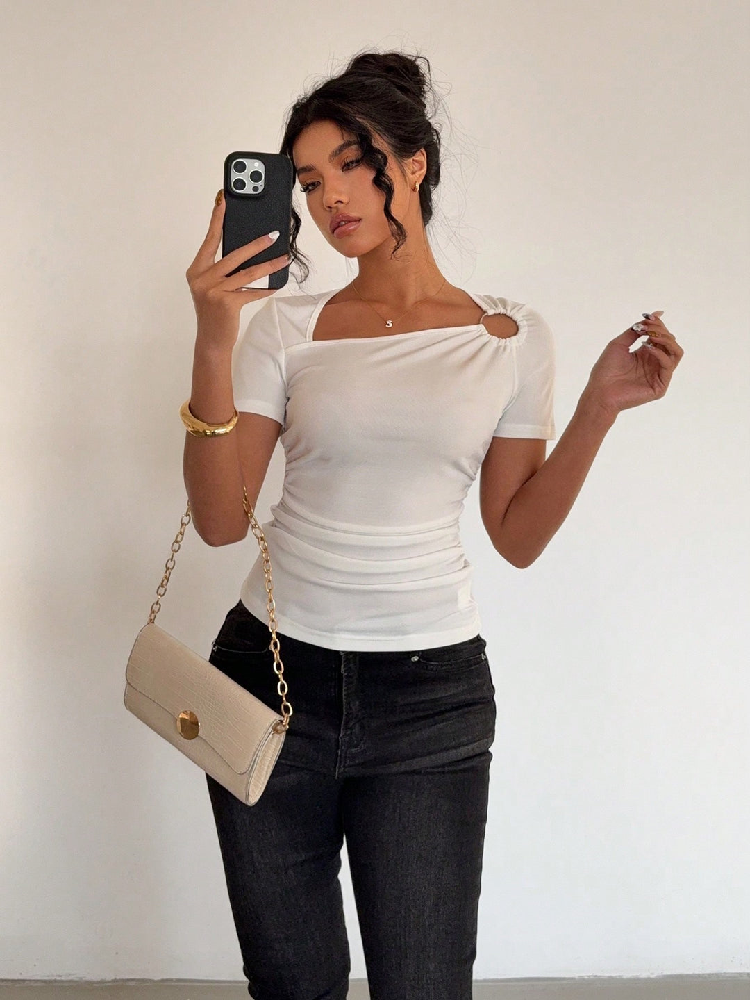 Off White Metal Buckle Short Sleeve Top