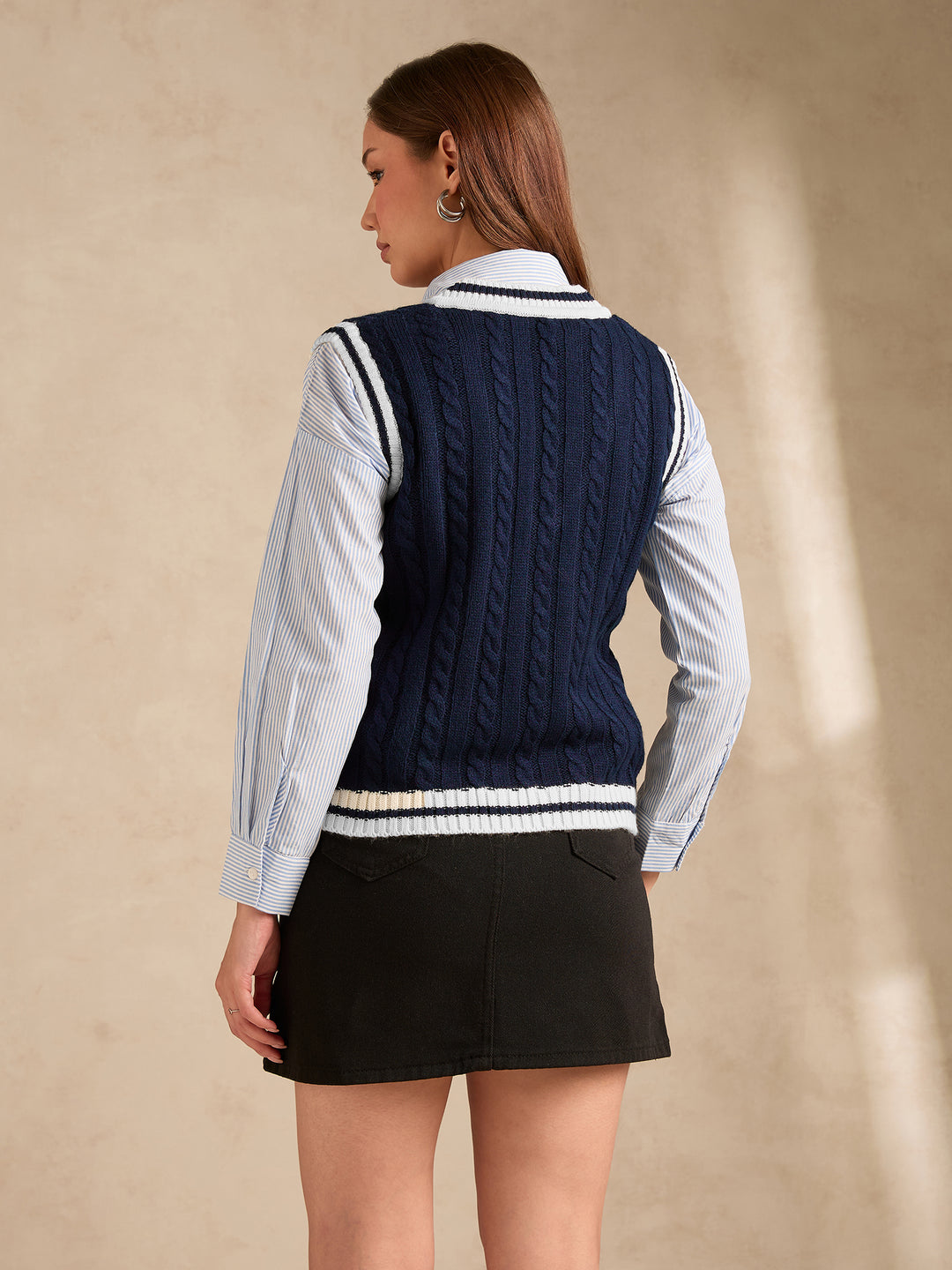 Navy Blue Varsity Contrast Tipping Sweater