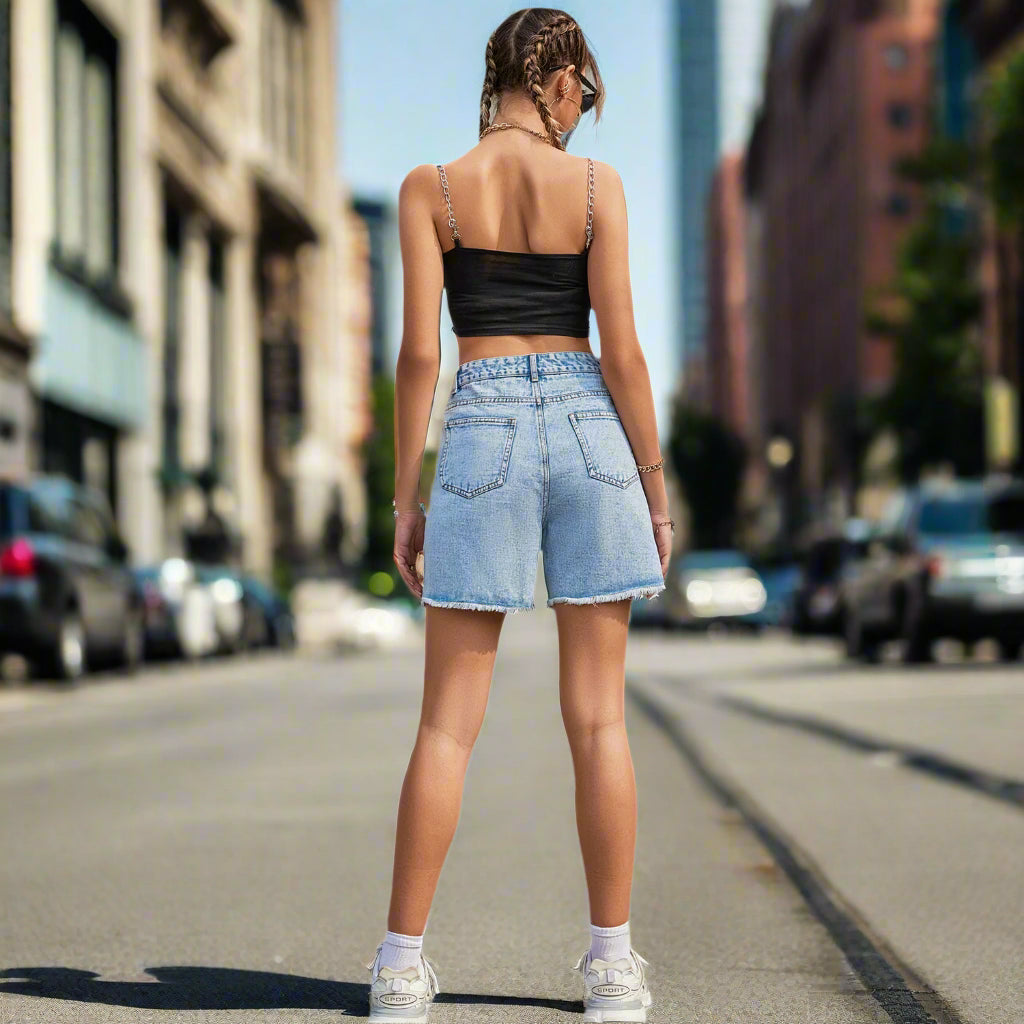Light Blue Criss Cross Waistband Denim Shorts
