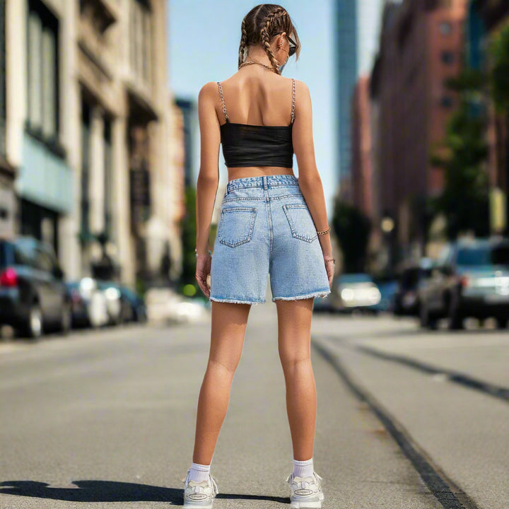 Light Blue Criss Cross Waistband Denim Shorts