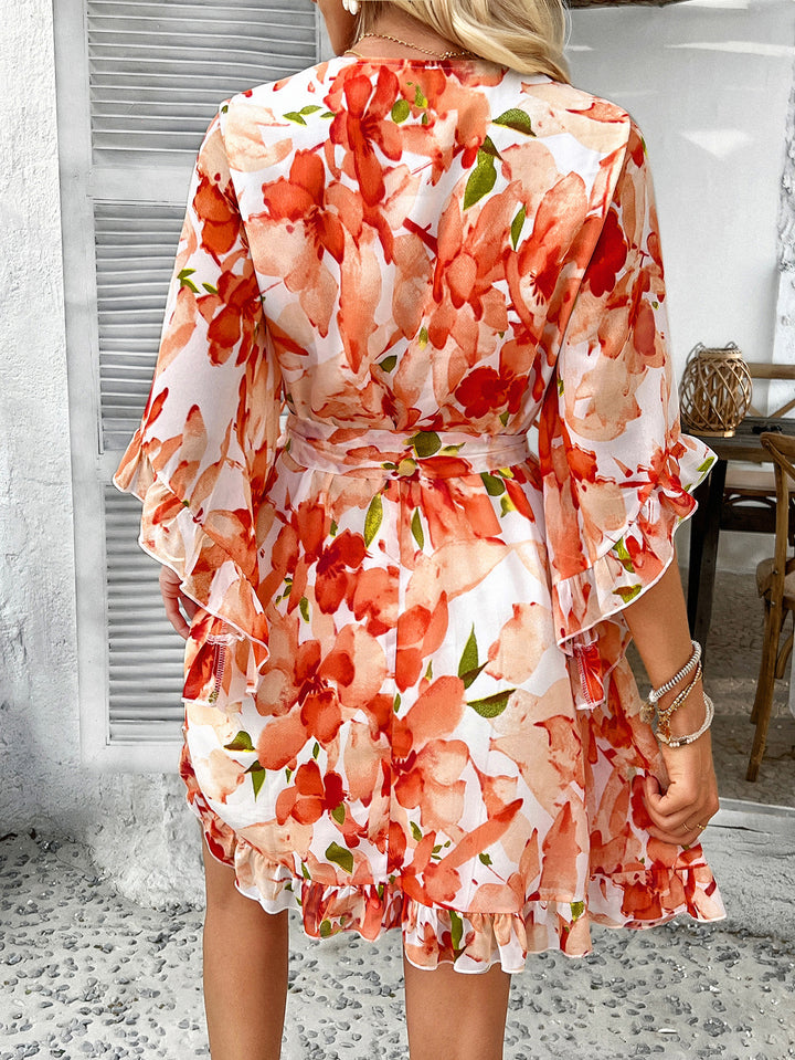 Orange V-Neck Bell Sleeves Mini Dress