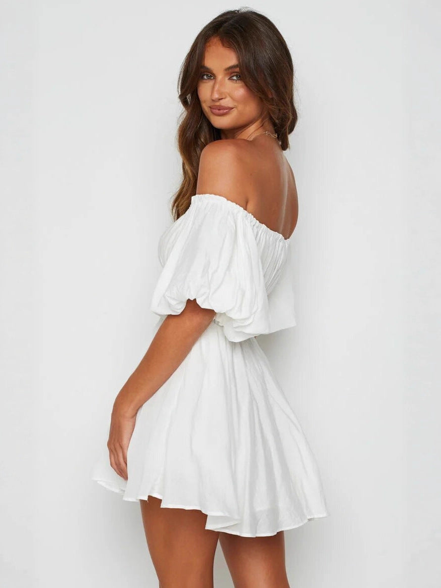 White Balloon Sleeve Off Shoulder Dress