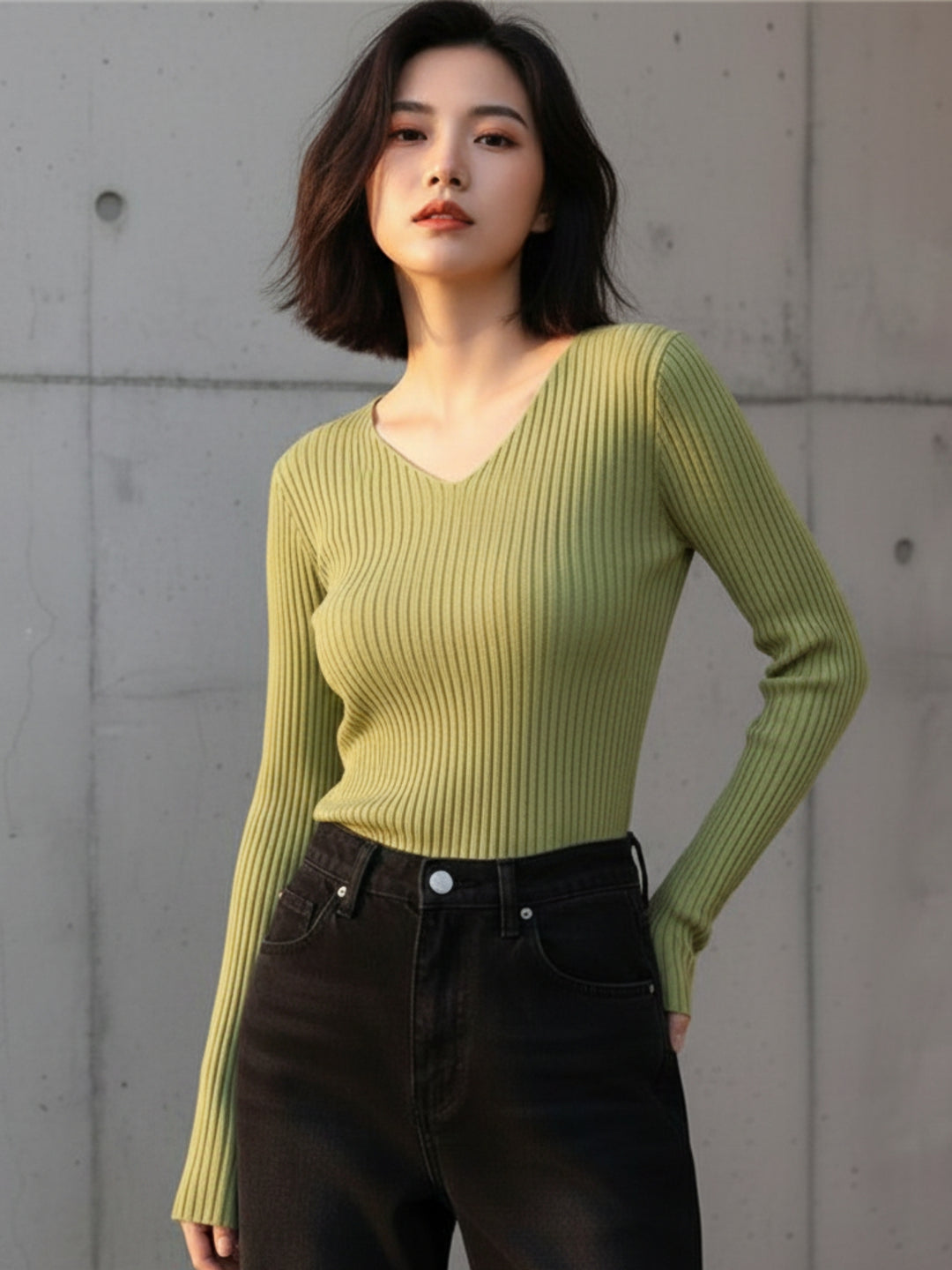 Light Green Full Sleeve V Neck Fitted Top