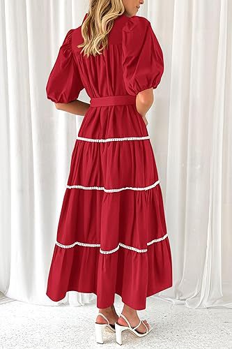 Red Button Down Puff Sleeved Shirt Dress
