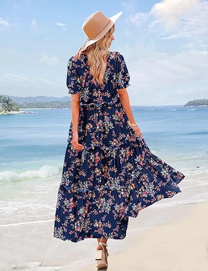 Navy Blue Scoop Round Neck Printed Tiered Dress
