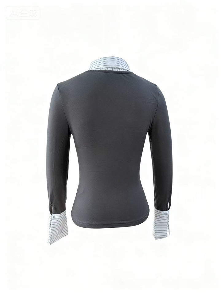 Grey Full Sleeve Contrast Collar Fitted Top