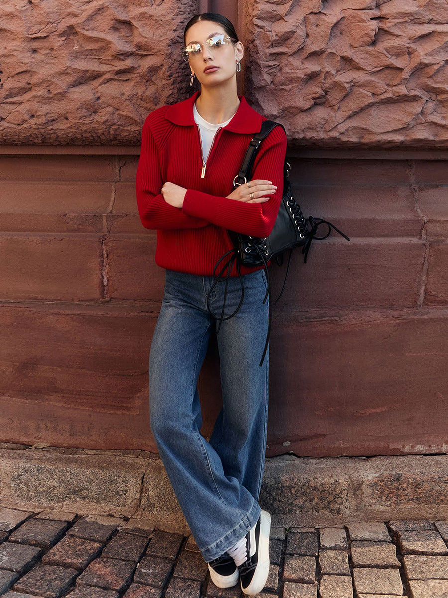 Red Collared Zip Up Sweater