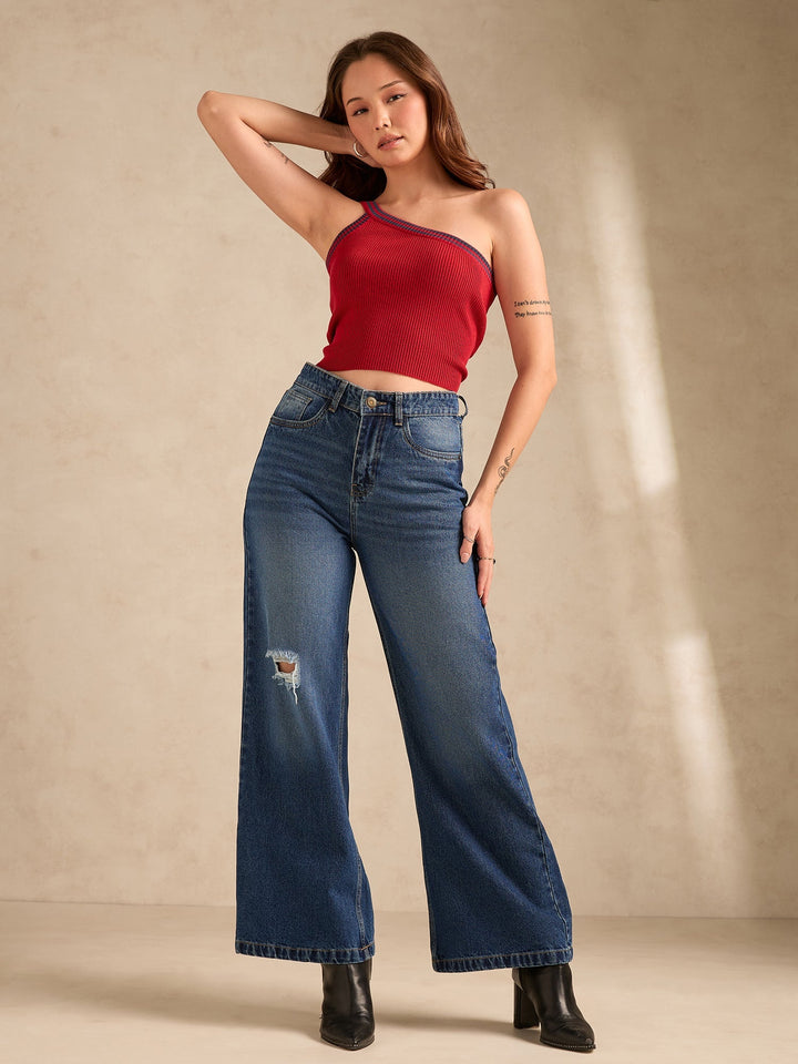 Blue Ribbed Straight Fit Jeans