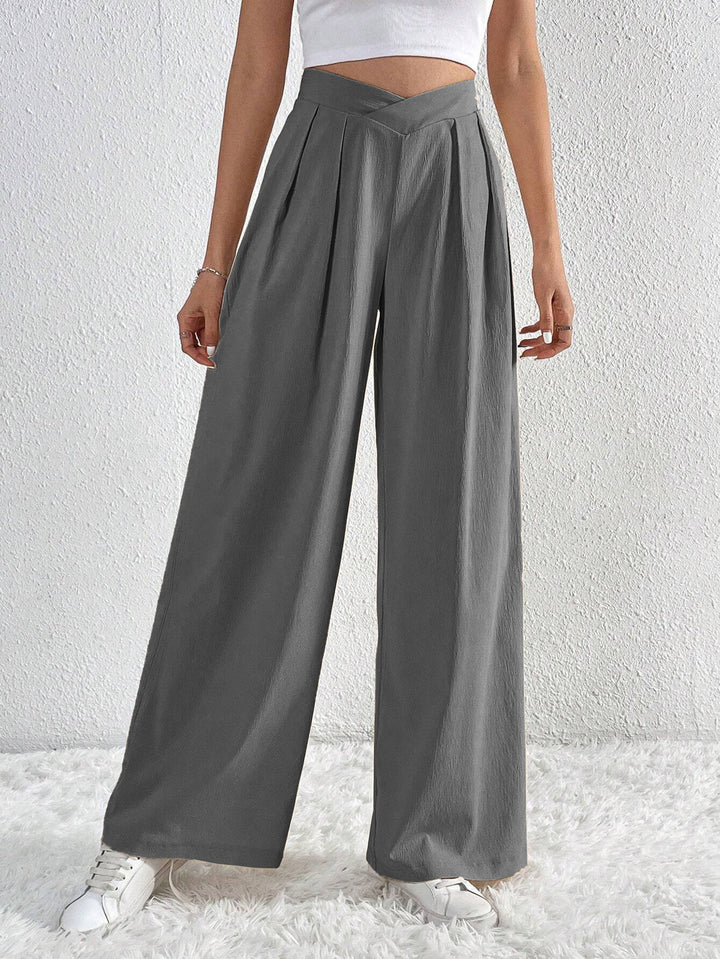Grey Solid Wide Leg Pleated Trousers