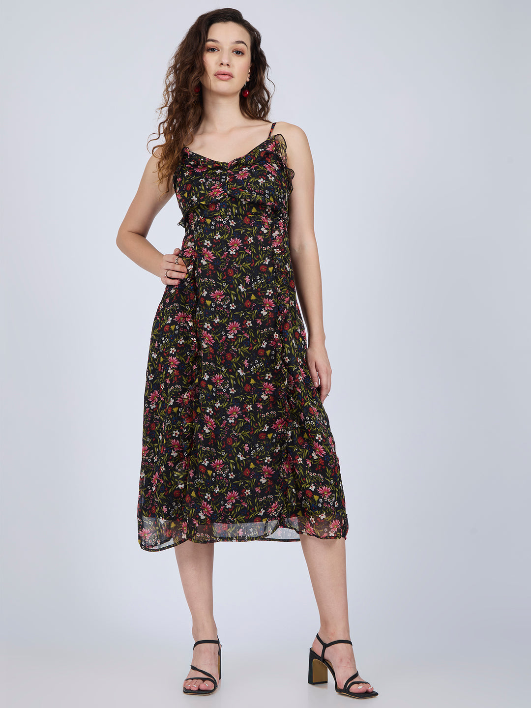 Multi Printed Ruffle Midi Dress