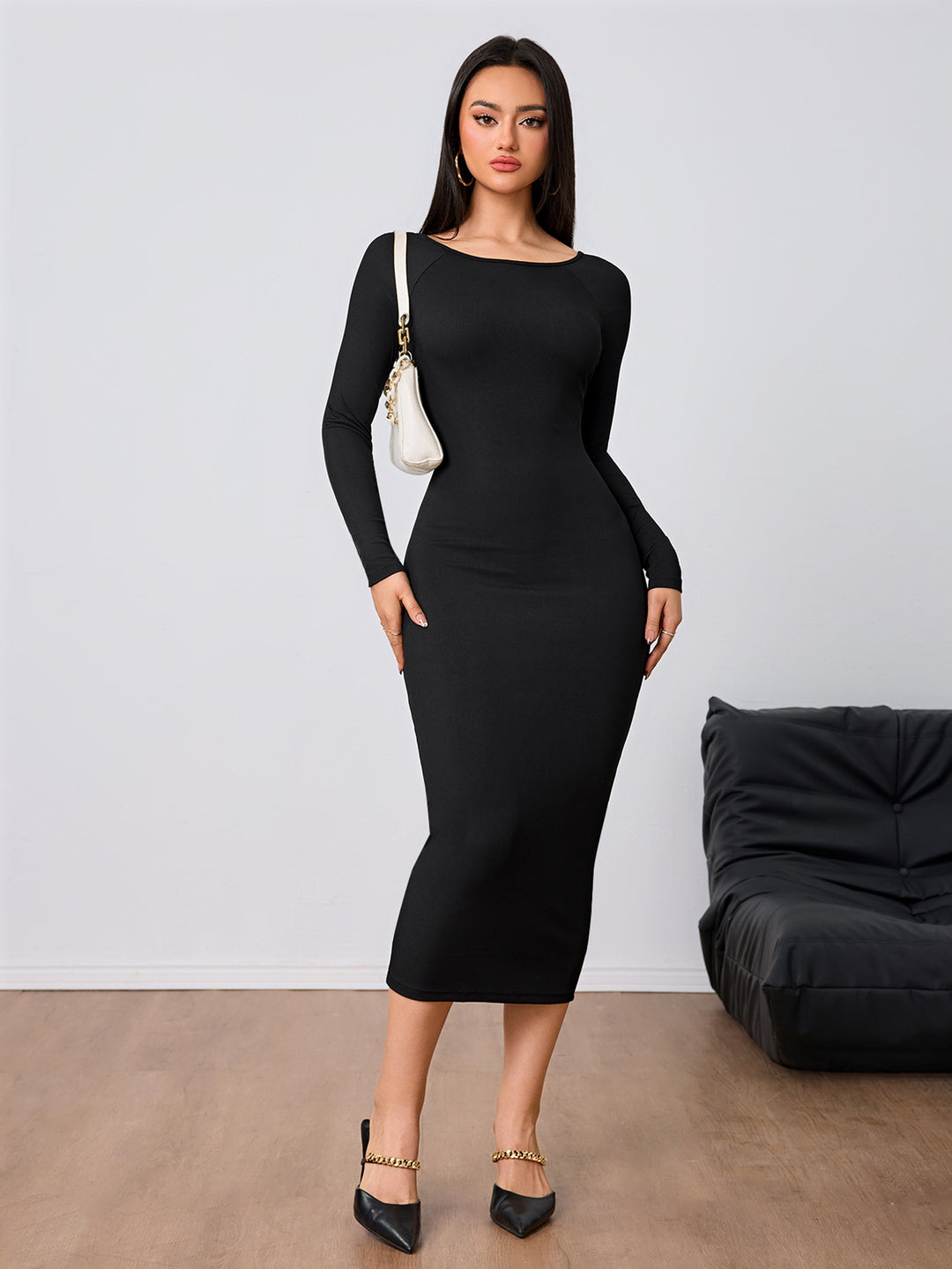 Black Full Sleeve Round Neck Back Detail Dress