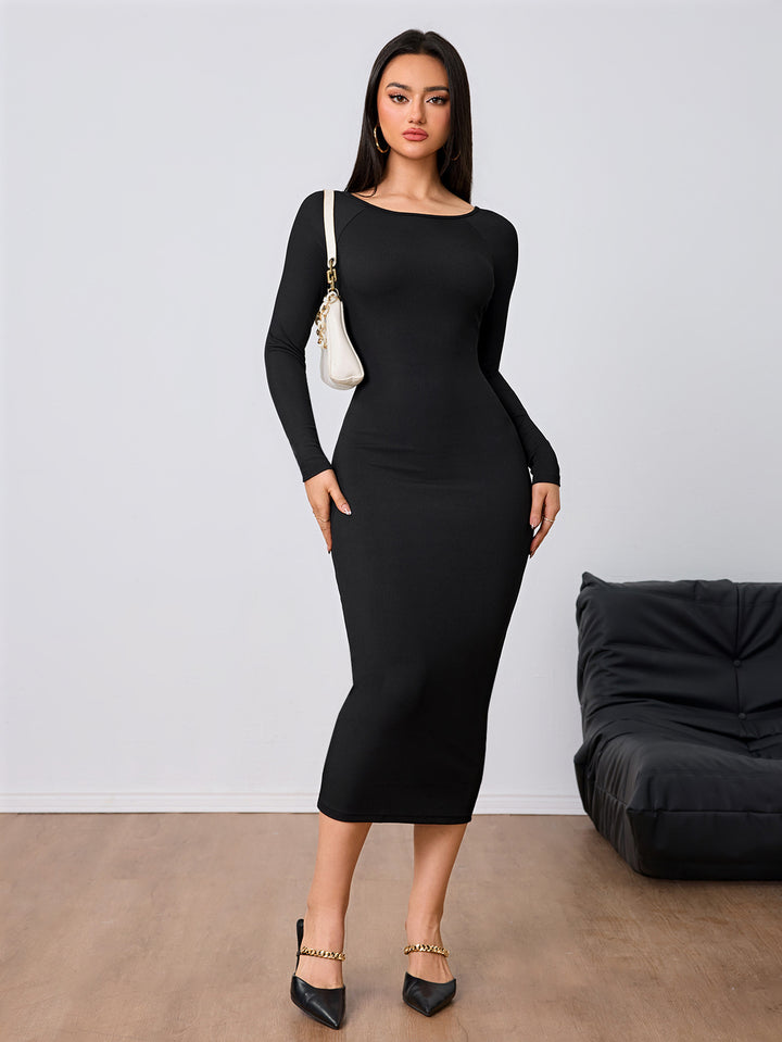 Black Full Sleeve Round Neck Back Detail Dress